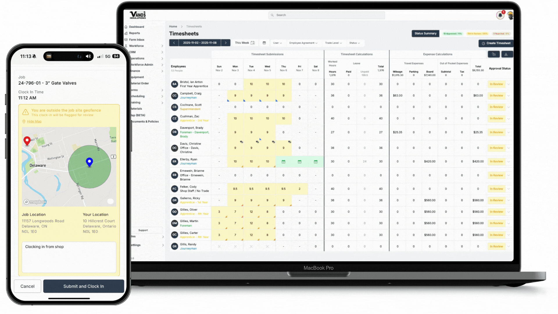 Appello software interface showing timesheet management, field forms, and job costing features for ICI subcontractors
